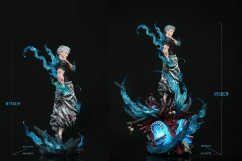 "1/6 Gojo Satoru Jujutsu Kaisen statue: dynamic pose, illuminating LED effects, and premium hand-painted details on a shattered shrine base."