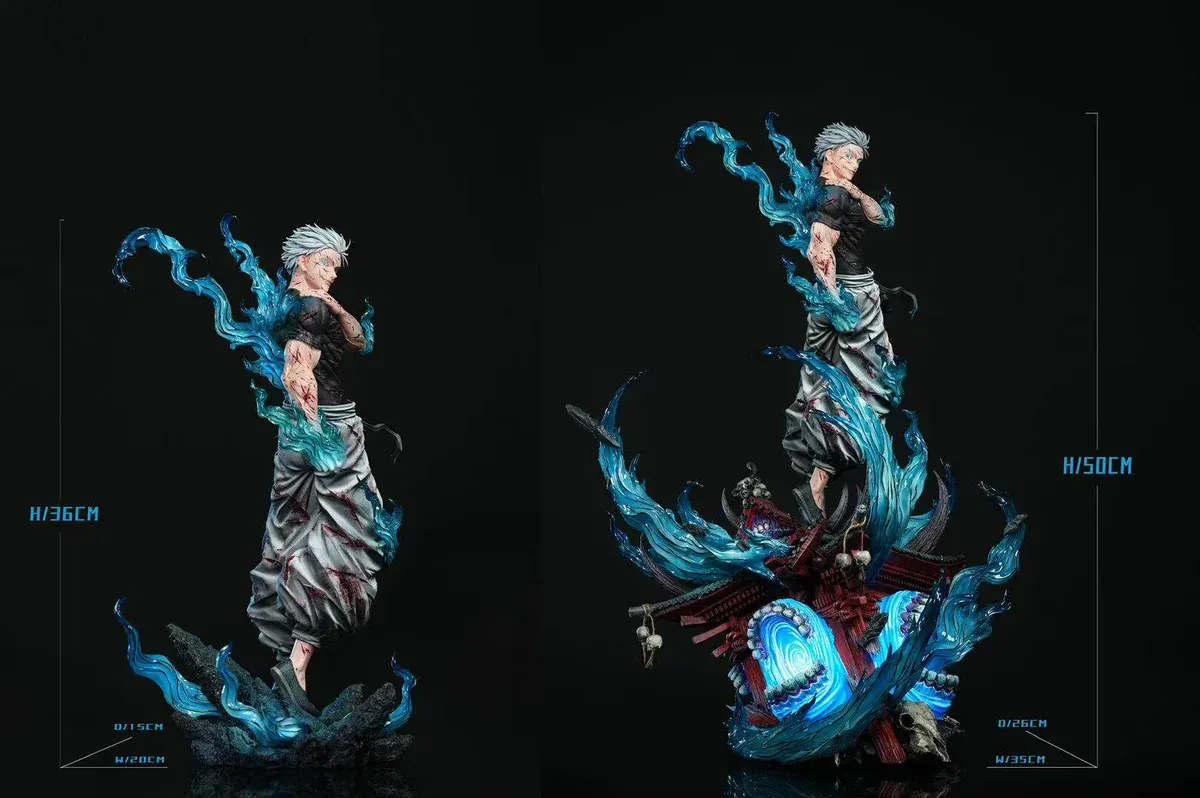"1/6 Gojo Satoru Jujutsu Kaisen statue: dynamic pose, illuminating LED effects, and premium hand-painted details on a shattered shrine base."