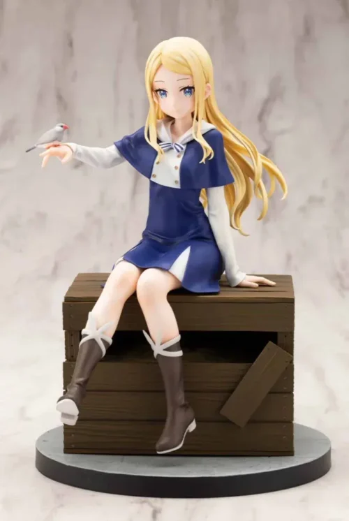 Blonde Elsa from Sasaki and Peeps in a navy sailor dress sits on a wooden crate with a Java sparrow on her hand, a Kotobukiya Studio statue.