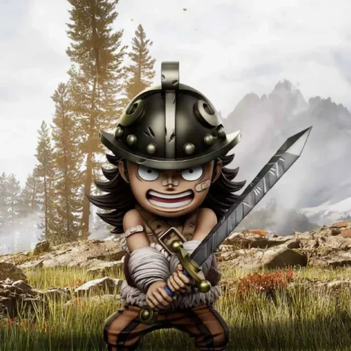 Childhood Hajrudin One Piece statue by YZ Studio features a detailed young chibi Hajrudin in oversized helmet with giant sword amid forest scenery."