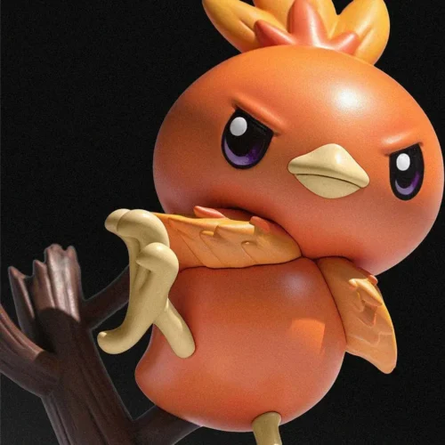 "Close-up of a charming 1/10 Torchic Pokémon figure by MiuMiu Studio, highlighting its tranquil expression and intricate feather sculpt from a playful."