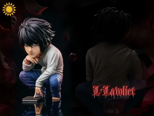 "Iconic WCF L Lawliet Death Note figure in his signature sitting pose, capturing his minimalist chibi style and mysterious aura."