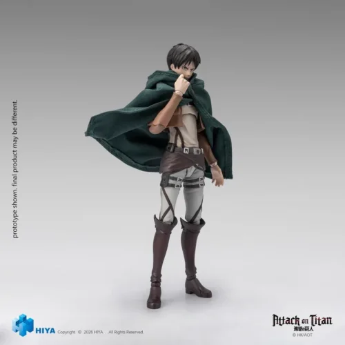 HIYA Studio 1/12 Eren Yeager figure with green Survey Corps cloak and ODM gear, fully articulated for dynamic Attack on Titan poses.