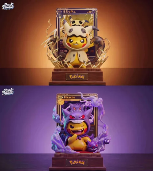 "Capture this limited edition 1/6 Pikachu Cosplay Gengar & Mimikyu resin GK statue, showcasing spooky Halloween details and a premium card design."