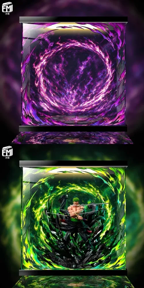 Zoro display case with LED lighting and swirling purple and green demonic aura, showcasing the One Piece statue in a dust-proof acrylic showcase.
