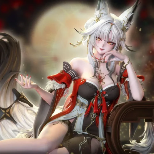 Xinyue Fox Wuthering Waves statue by Yingyue Studio shows a white-haired fox spirit in red-black dress with a flowing fox-tail resin diorama, moonlit.