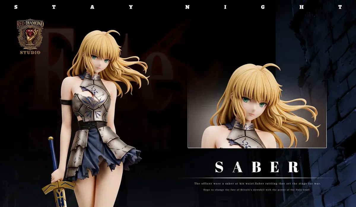 "Dynamic angles of the 1/6 Scale Artoria Pendragon Fate Saber Figure from RED DIAMOND STUDIO, highlighting majestic armor and sculpted details."