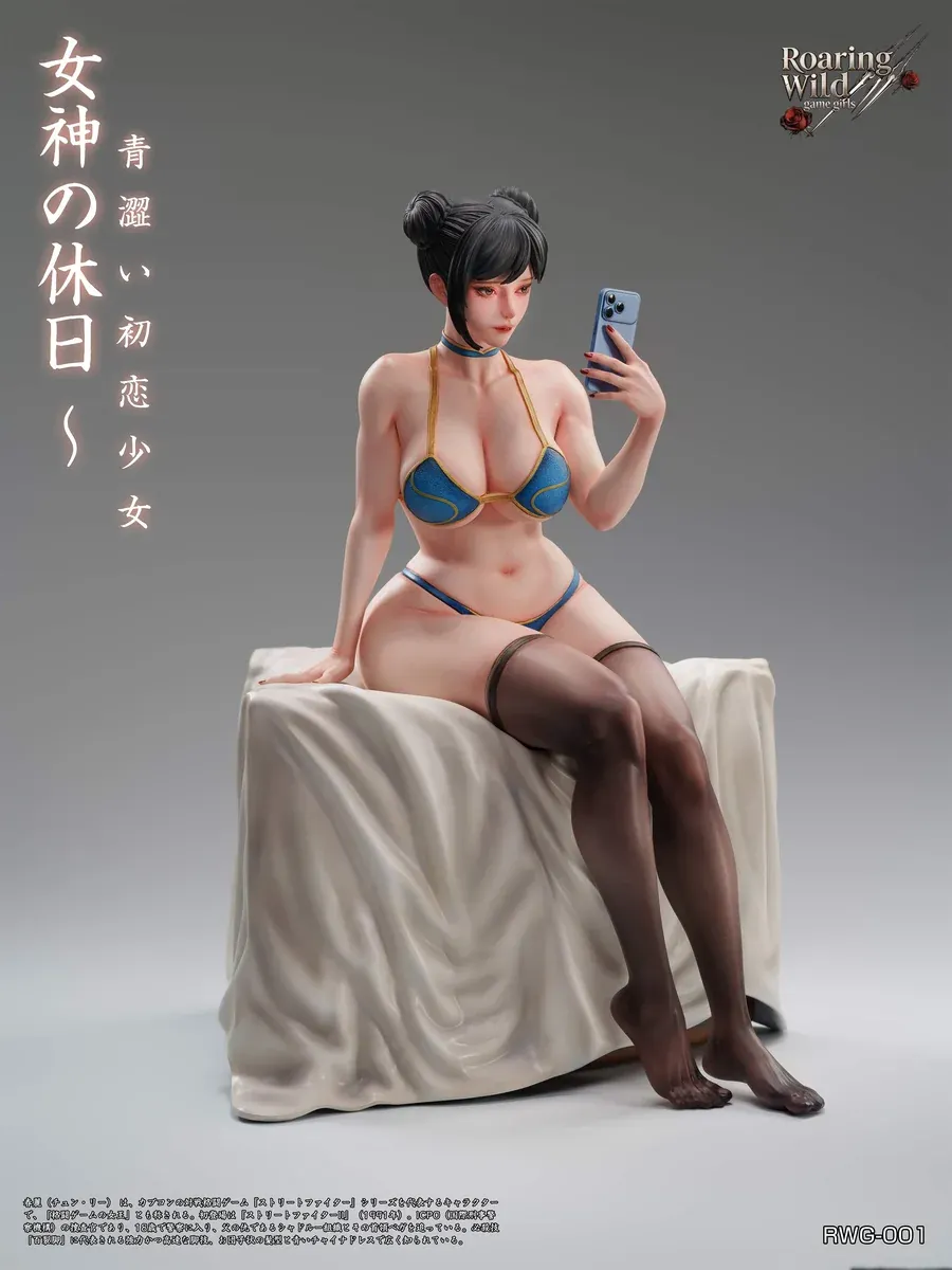 "Premium 1/4 scale Chun-Li "Goddess's Holiday" Street Fighter statue by Roaring Wild Studio, captured from a unique angle, highlighting intricate."